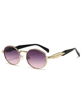 Unisex Oval Gold Frame Sunglasses With Purple Gradient Lenses & Black Arms